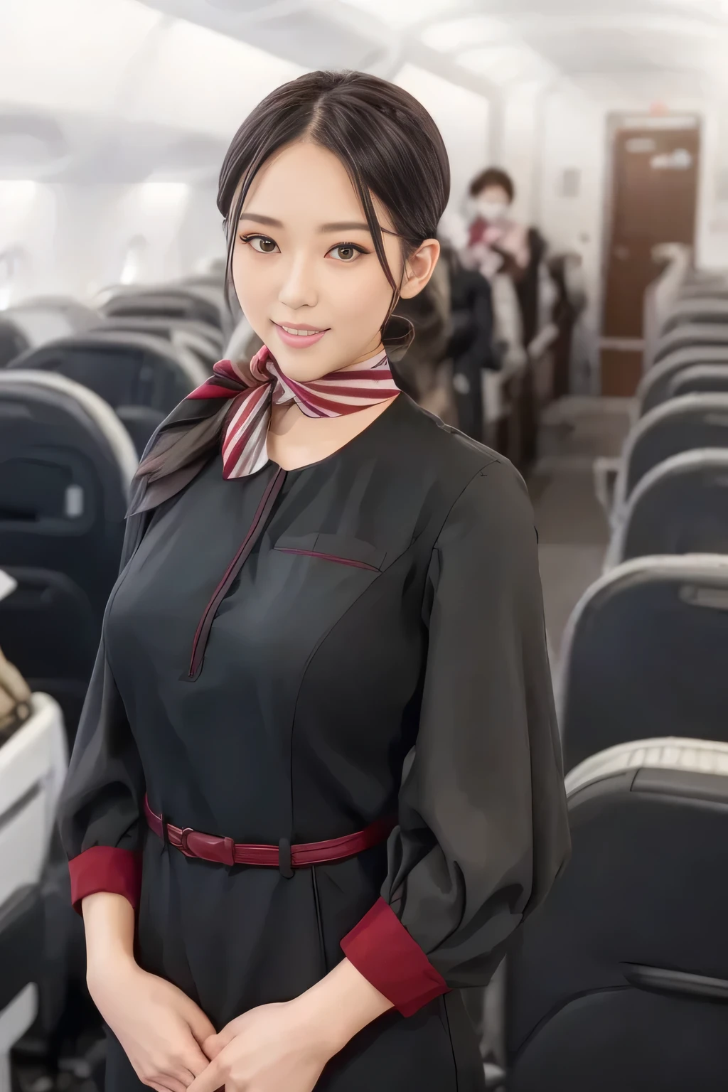 (masterpiece:1.2, top quality :1.2), 32kHDR, high definition , (Alone、 1 girl)、( on board)、In-flight background、( wearing a JAL flightattendant uniform )、(( short sleeve jumper skirt in a JAL flightattendant uniform {x} JAL flightattendant uniform 、Red belt wrapped around the waist 、 Scarf around the neck ))、 dark brown hair 、( Super Long Hair Wrap Hair、Braid Wrap Up Hair )、 、 long hit 、Big Breasts、Thin legs、(( amazing hands:2.0)),(( harmonious body proportions :1.5)),((Normal limbs:2.0)),((Usually :2.0)),(( Delicate eyes:2.0)),((Normal eyes:2.0)))、smile、( beautiful standing figure wearing a JAL flightattendant uniform )、Hands folded under the body