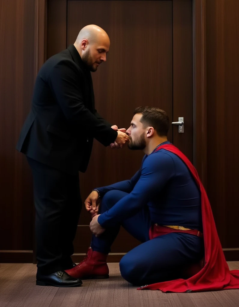 Lex,bald man,stand by Superman. Lex,bald man, wearing black suit.Superman sits on his knees and begs Lex,bald man, for forgiveness kiss. Lex,bald man, reached out his hand for Superman to kiss as a sign of submission. In a secret room, a handsome man in a superman costume (think movie version of Superman-black undercut, blue tights and red cape and red boots and red briefs).full body photo .