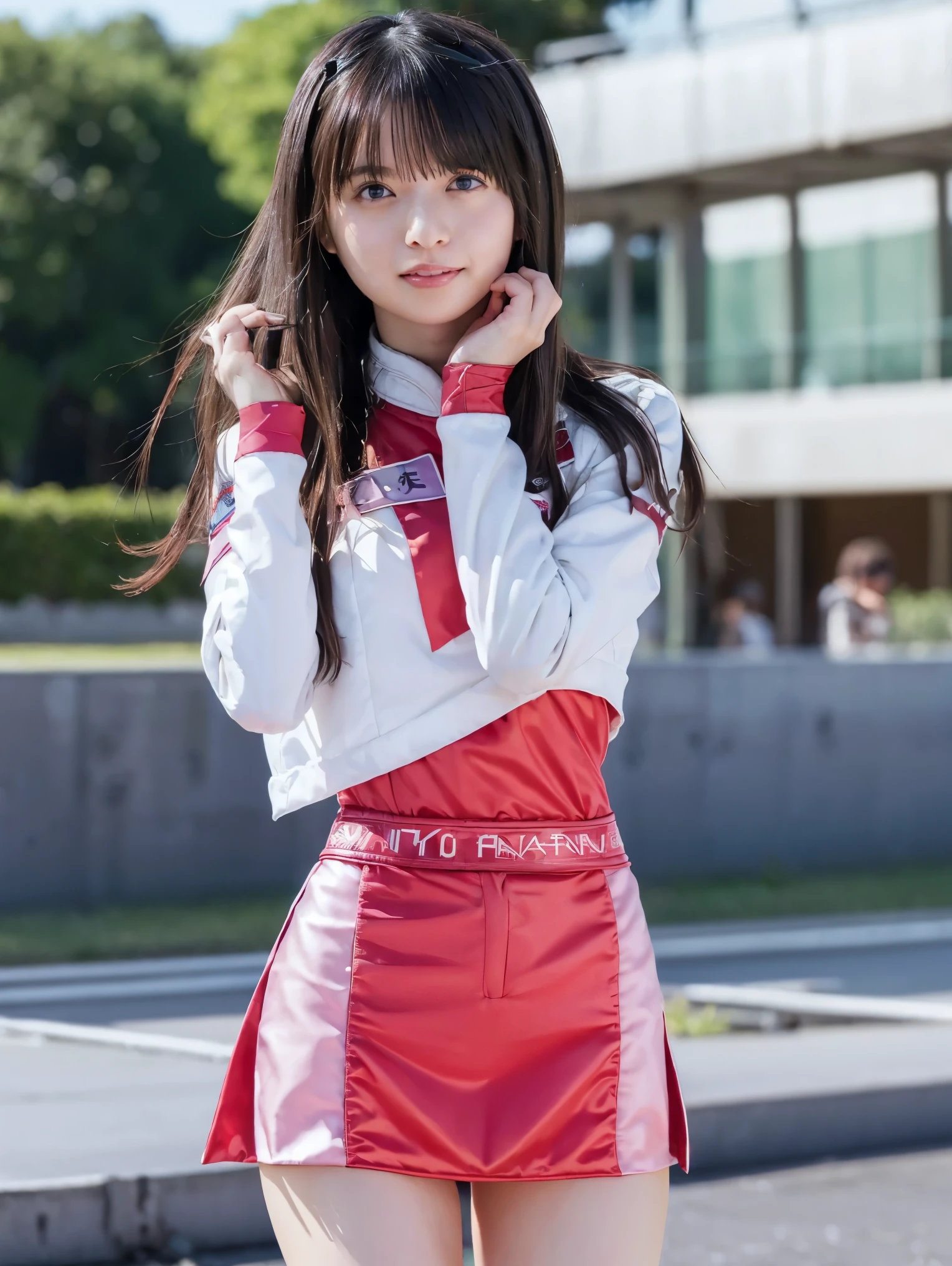 (masterpiece, top quality , top quality , Official Art, beautiful、 beautiful:1.2), ,(RAW 写真 top quality :1.1),( One Girl ), high res, very detailed, Ultra-precision performance, Alone, Floating Hair, glowing skin ,Asymmetrical Berry Short, (:1.2), perfect body, slender body , miniskirt,Thighs, Standing with hands on hips, smiley smile , Show Viewers , ( race queen:1.6),,Nogizaka46,