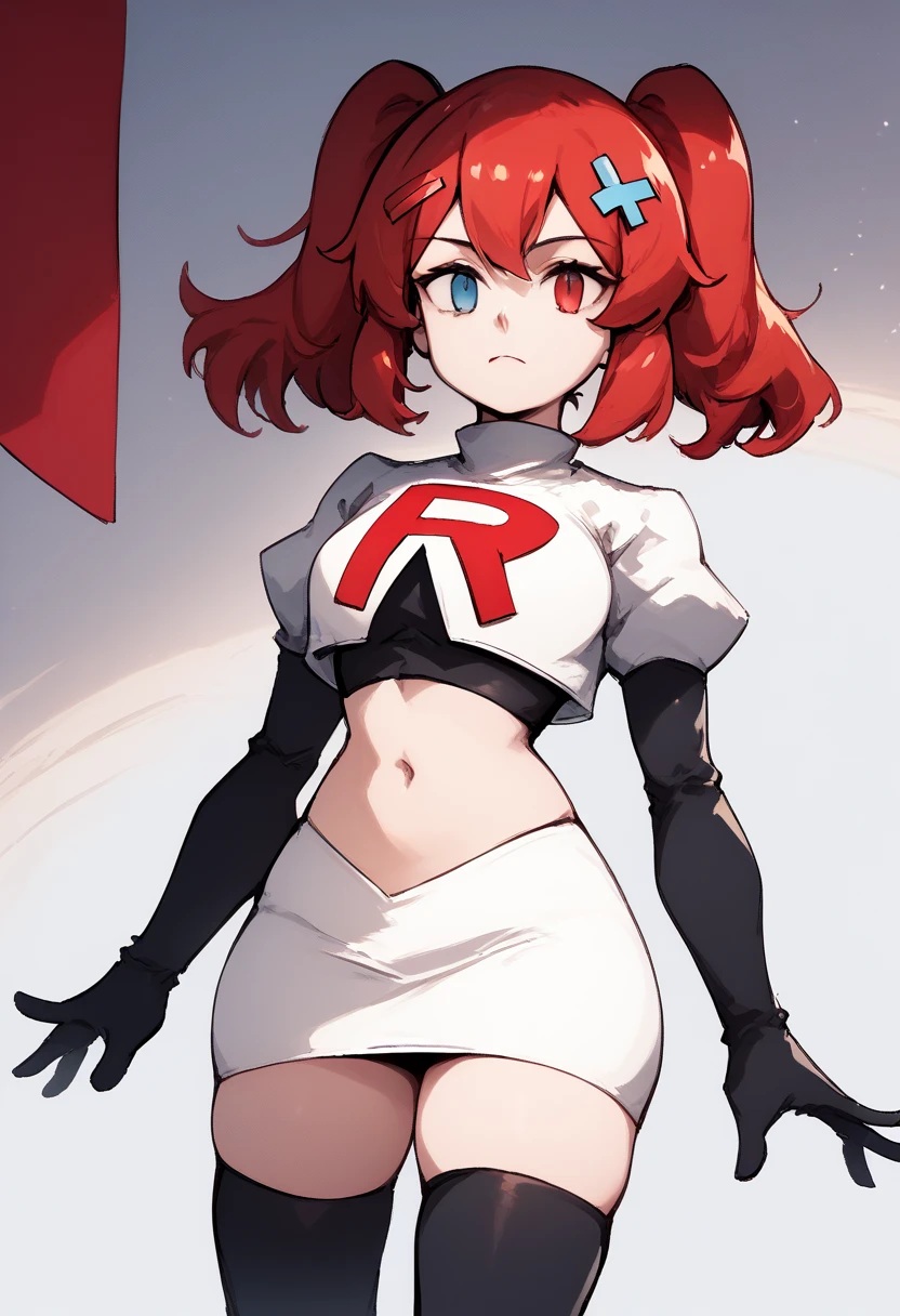 score_9, score_8_up, score_7_up, source_anime, 1girl, Switchchan, heterochromia, team rocket,team rocket uniform,white skirt,red letter R,crop top,black thigh-highs,black elbow gloves, cowboy shot