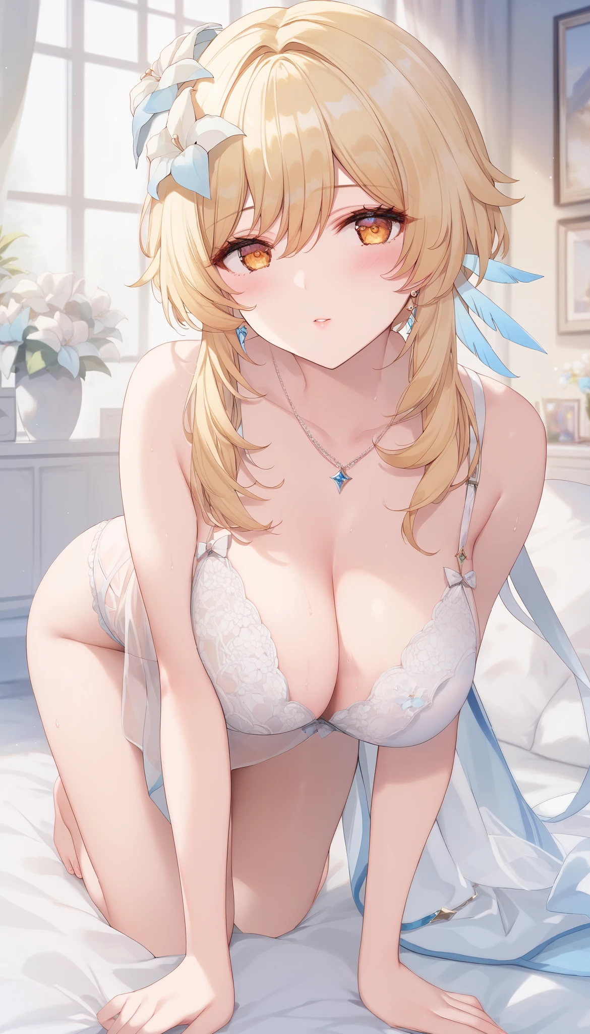 ultra-detailed, (best quality),(masterpiece)),(highres),original,extremely, 1girl, lumine, genshin impact, milf, beautiful woman,old sister, beautiful body, mature,sexy, sexy, glamour girl, curvy, wife,milf, yellow hair, large breasts, blush, in heat, blush, long hair, lingerie ,love, heart, newly-wed wife,on the bed, all fours ,