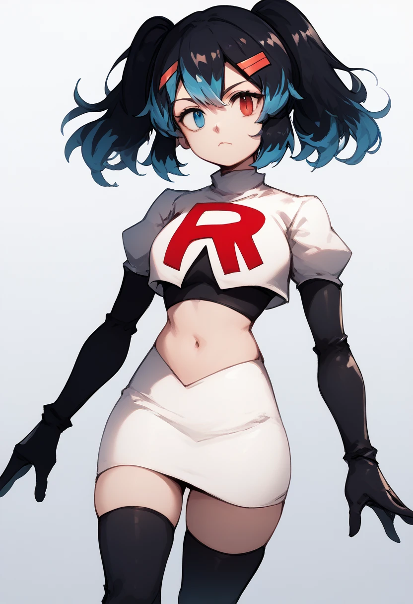 score_9, score_8_up, score_7_up, source_anime, 1girl, Switchchan, heterochromia, team rocket,team rocket uniform,white skirt,red letter R,crop top,black thigh-highs,black elbow gloves, cowboy shot