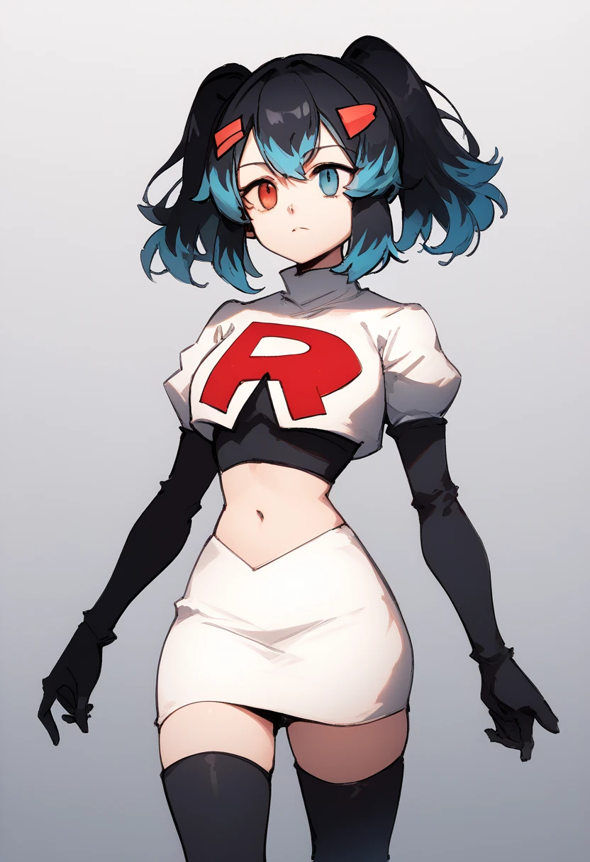 score_9, score_8_up, score_7_up, source_anime, 1girl, Switchchan, heterochromia, team rocket,team rocket uniform,white skirt,red letter R,crop top,black thigh-highs,black elbow gloves, cowboy shot