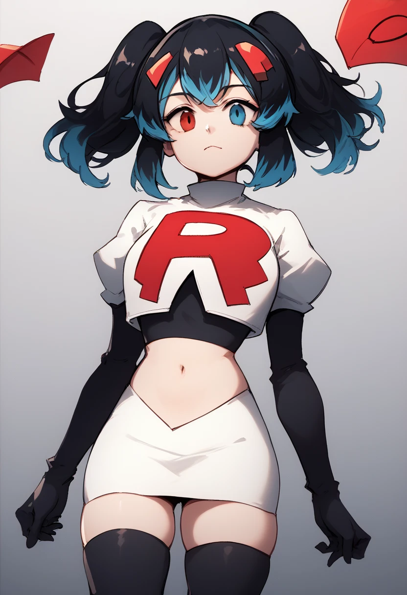 score_9, score_8_up, score_7_up, source_anime, 1girl, Switchchan, heterochromia, team rocket,team rocket uniform,white skirt,red letter R,crop top,black thigh-highs,black elbow gloves, cowboy shot