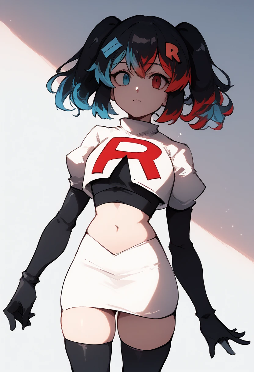 score_9, score_8_up, score_7_up, source_anime, 1girl, Switchchan, heterochromia, team rocket,team rocket uniform,white skirt,red letter R,crop top,black thigh-highs,black elbow gloves, cowboy shot