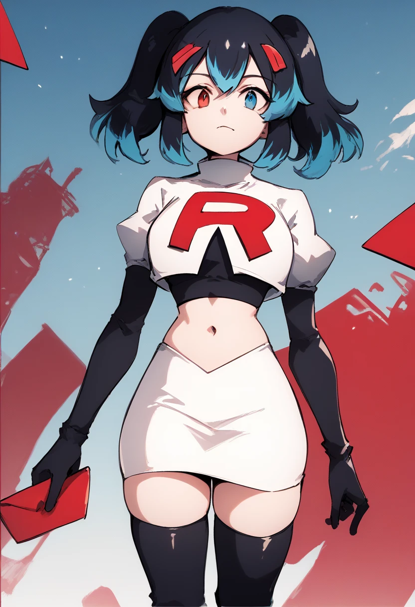 score_9, score_8_up, score_7_up, source_anime, 1girl, Switchchan, heterochromia, team rocket,team rocket uniform,white skirt,red letter R,crop top,black thigh-highs,black elbow gloves, cowboy shot