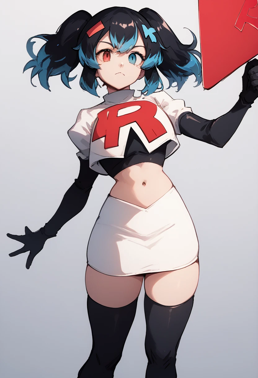 score_9, score_8_up, score_7_up, source_anime, 1girl, Switchchan, heterochromia, team rocket,team rocket uniform,white skirt,red letter R,crop top,black thigh-highs,black elbow gloves, cowboy shot