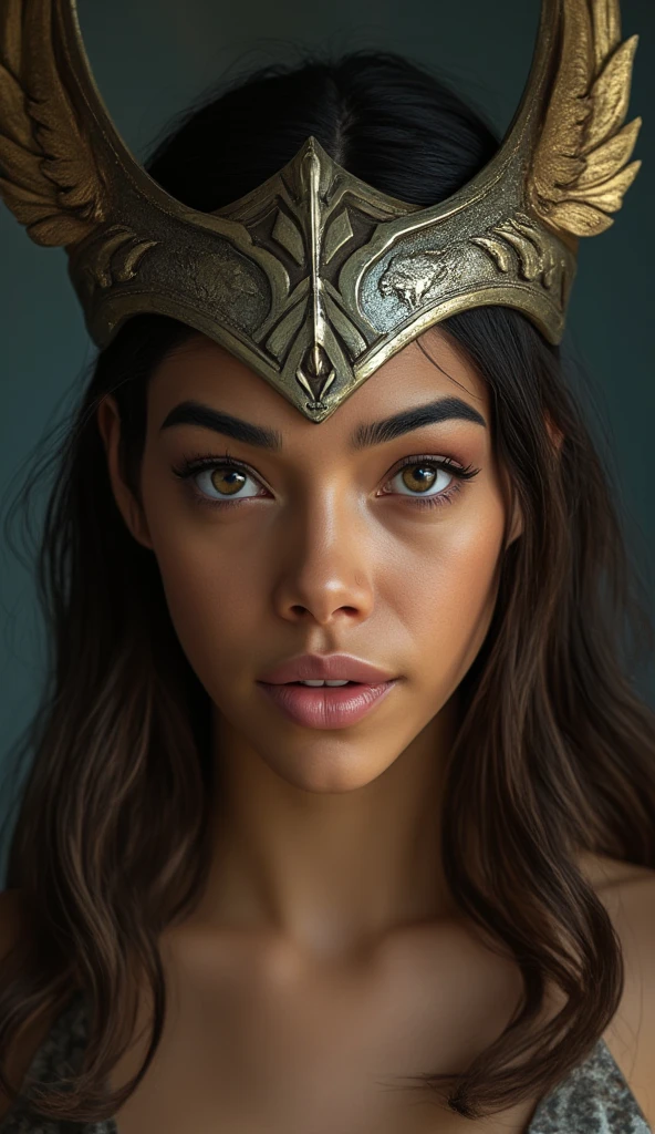 Portrait photo ultra réaliste d'une belle femme latine avec un casque de Valkyrie, d'environ 30-35 ans. Cheveux bruns, légèrement ondulés, yeux vert-marron clair, charismatique et épique. Avec une expression sur le visage de vengeance.