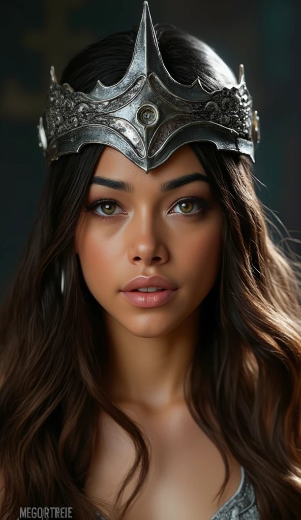 Portrait photo ultra réaliste d'une belle femme latine avec un casque de Valkyrie, d'environ 30-35 ans. Cheveux bruns, légèrement ondulés, yeux vert-marron clair, charismatique et épique. Avec une expression sur le visage de vengeance.