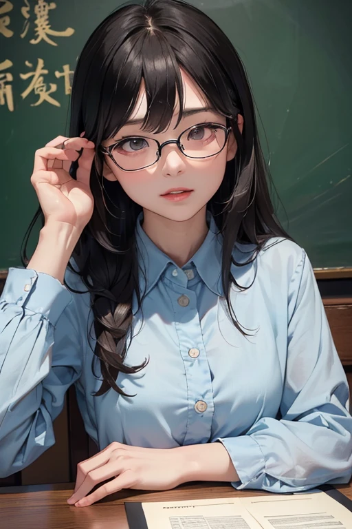 (( top quality )), ((傑 top quality 、masterpiece、High sensitivity、 high res、Detailed description、 delicate face depiction )),Slender woman、Glasses、Sit upright、 face the front、 thank you greetings 、Blackboard behind、「nice！ thank you。」Japanese characters 、