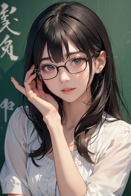((mejor calidad)), ((obra maestra)), (detallado), cara perfecta, tez clara, con lentes negros, lunar de lado izquierdo de la nariz, labios medianos carnosos, cabello corto, peinado de raya de lado, sin fleco, cabello completamente negro, fondo junto a una ventana que da hacia el bosque al amanecer, bright light brown eyes, with one hand resting on the chin, with a pencil, solo mostrando el rostro.