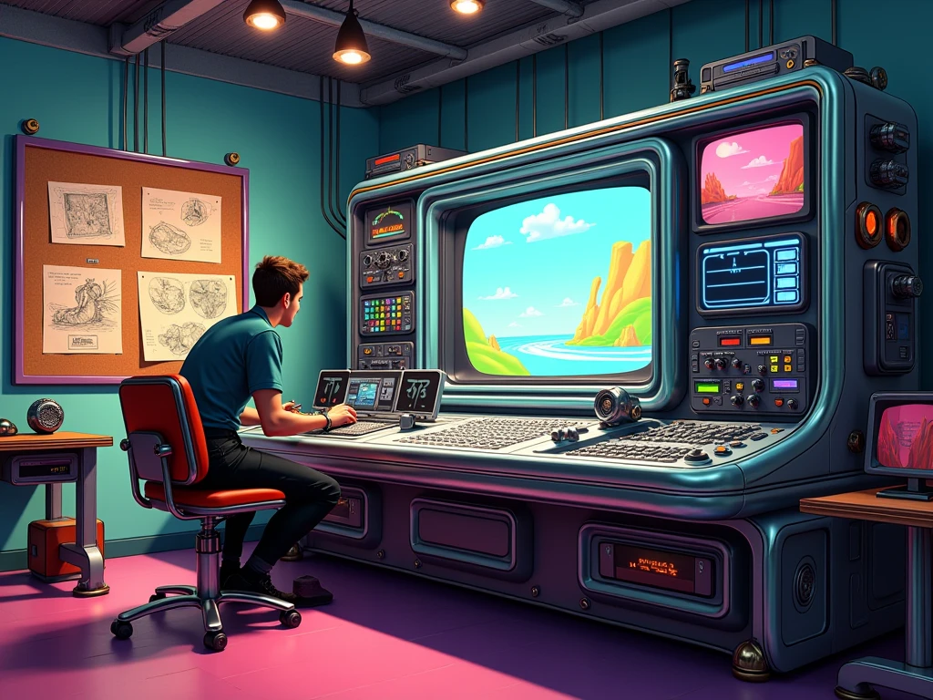 Imagine a retro-futuristic scene set in a sleek, neon-lit animation studio from the 1960s or 1970s, blending old-school charm with futuristic technology. In the center, a large, polished machine—the Computerized Animation System (CAS)—sits like an intricate, oversized control console. The CAS is a blend of chrome, glass, and colorful lights, with a series of moving gears, blinking buttons, and glowing screens. It’s surrounded by a maze of wires and cables, all humming with energy.

On one side of the CAS, we see a traditional storyboard pinned up on a corkboard, showing sketches of characters and scenes. The animator, dressed in a mix of mid-century attire and futuristic accessories like digital wristbands, carefully observes the layout and storyboard. He passes the completed work to the CAS, where it’s quickly scanned, with a whirl of machinery and a soft glow from the system's screens.

As the system processes the inbetweens, the machine’s screens flicker to life, showing smooth, fluid animations being drawn in real-time. Bright, colorful inbetweens and movements appear, seemingly automating the process of animation while maintaining the hand-drawn aesthetic. The CAS has the ability to add motion and transition between keyframes seamlessly, with the animator approving each stage via a set of dials and sliders. The atmosphere is filled with a sense of awe as old-fashioned artistry meets cutting-edge technology, creating an animation process that’s both nostalgic and ahead of its time.