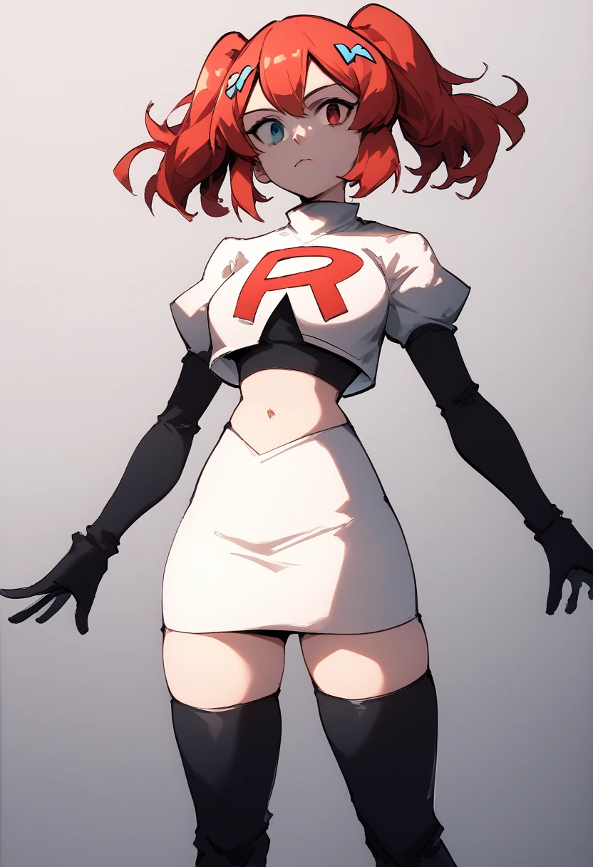 score_9, score_8_up, score_7_up, source_anime, 1girl, Switchchan, heterochromia, team rocket,team rocket uniform,white skirt,red letter R,crop top,black thigh-highs,black elbow gloves, cowboy shot