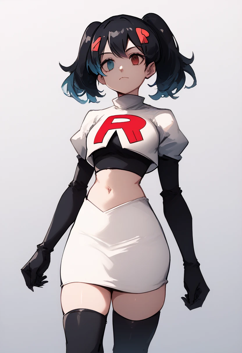 score_9, score_8_up, score_7_up, source_anime, 1girl, Switchchan, heterochromia, team rocket,team rocket uniform,white skirt,red letter R,crop top,black thigh-highs,black elbow gloves, cowboy shot