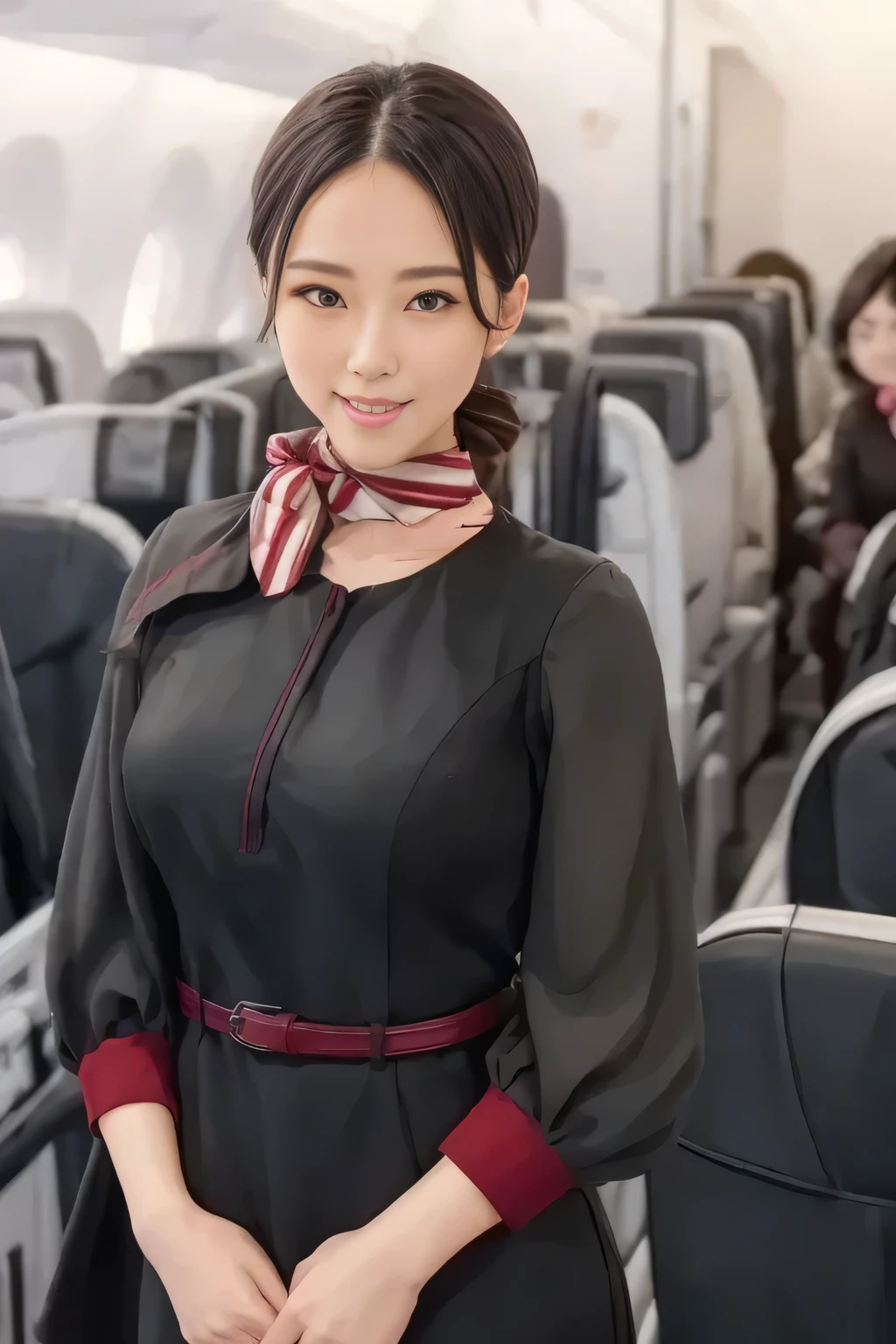 (masterpiece:1.2, top quality :1.2), 32kHDR, high definition , (Alone、 1 girl)、( on board)、In-flight background、( wearing a JAL flightattendant uniform )、(( short sleeve jumper skirt in a JAL flightattendant uniform {x} JAL flightattendant uniform 、Red belt wrapped around the waist 、 Scarf around the neck ))、 dark brown hair 、( Super Long Hair Wrap Hair、Braid Wrap Up Hair )、 、 long hit 、Big Breasts、Thin legs、(( amazing hands:2.0)),(( harmonious body proportions :1.5)),((Normal limbs:2.0)),((Usually :2.0)),(( Delicate eyes:2.0)),((Normal eyes:2.0)))、smile、( beautiful standing figure wearing a JAL flightattendant uniform )、Hands folded under the body