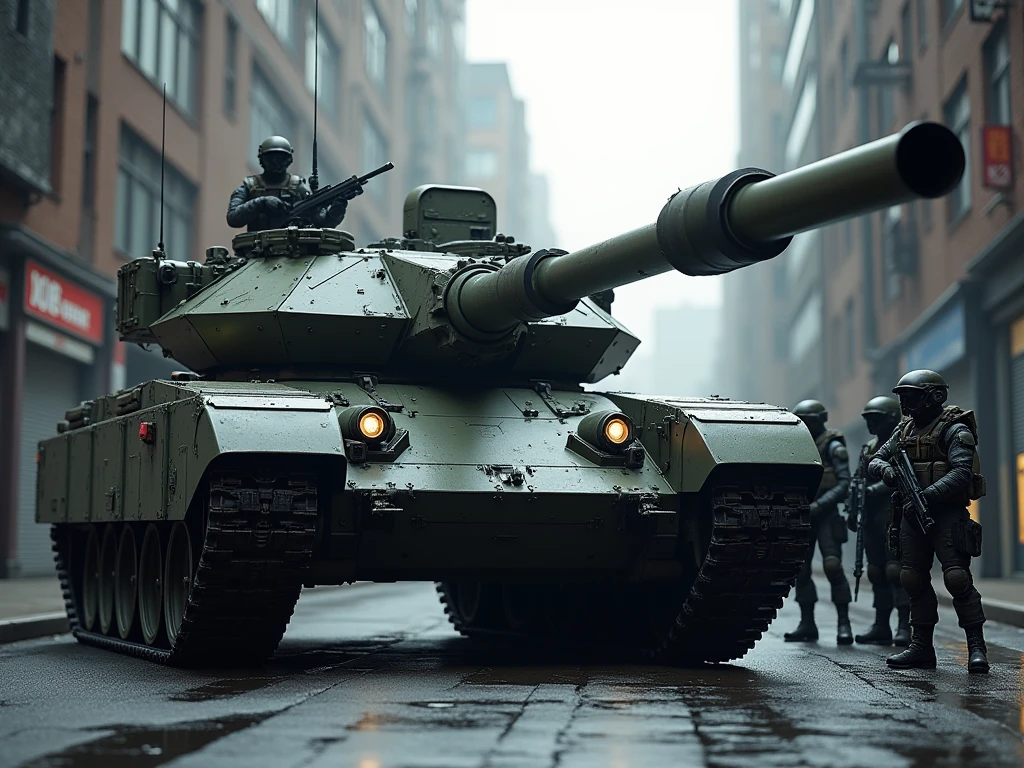 Enemy tank units attacking the city, futuristic armored tanks with curved surfaces, accompanying infantry soldiers running around, detailed military vehicles, realistic military uniforms and equipment, dynamic military action scenes, burning flames in the background, dust and debris flying debris, cinematic lighting, gloomy and stagnant atmosphere, terrible reality of the battlefield Close-up view of the armored fighting vehicle, conveying the terrible reality of the battlefield,