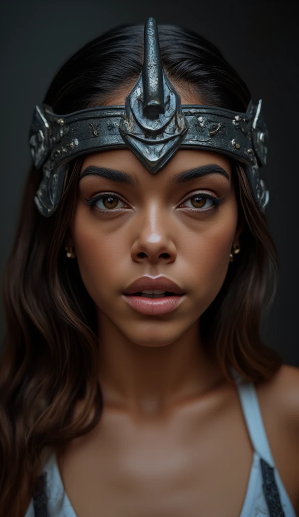 Portrait photo ultra réaliste d'une belle femme latine avec un casque de Valkyrie, d'environ 30-35 ans. Cheveux bruns, légèrement ondulés, yeux vert-marron clair, charismatique et épique. Avec une expression sur le visage de vengeance.