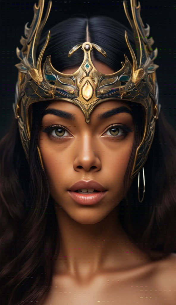 Portrait photo ultra réaliste d'une belle femme latine avec un casque de Valkyrie, d'environ 30-35 ans. Cheveux bruns, légèrement ondulés, yeux vert-marron clair, charismatique et épique. Avec une expression sur le visage de vengeance.