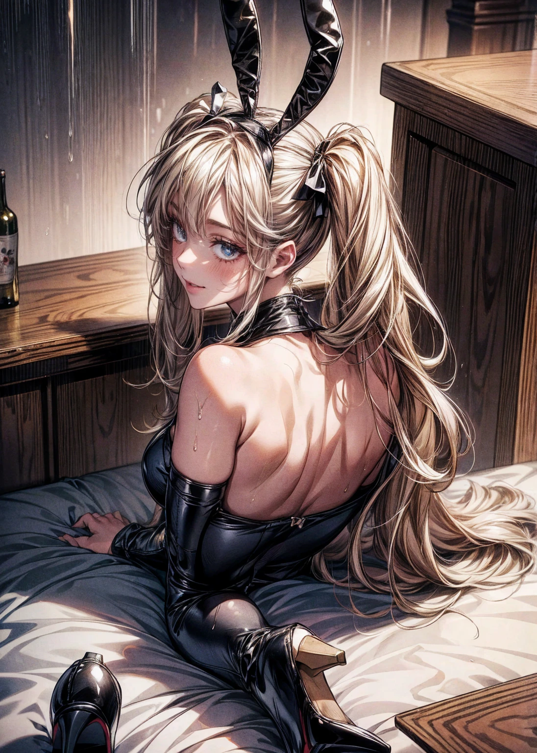  table top in bed,( top quality , masterpiece:1.2),  super detailed ,  high res, 8k wallpaper,  perfect dynamic configuration,  Detailed Beautiful Eyes , Long twin tails, enamel bunny suit at the bar at dusk,Buttocks clenching, from behind 、 girl sitting、Stiletto heels、  natural colored lips,  Bold and Sexy Poses、 make eye contact、 stick out your butt、 on all fours、 smiley smile , 20 years old,  cute woman wet in the rain,  sexy style, Tokyo,  big eyes, camera from behind