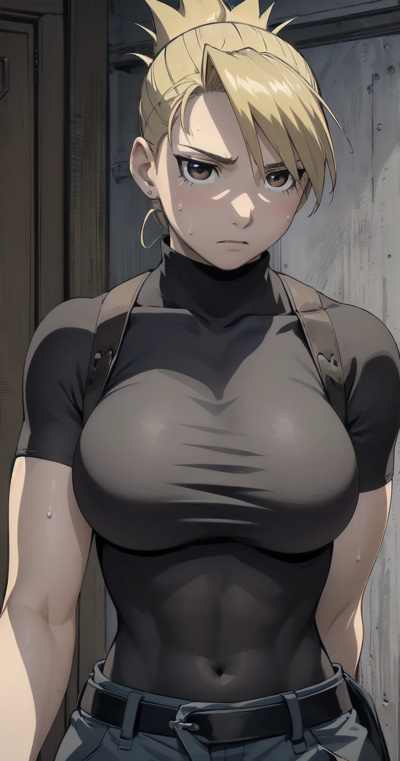 masterpiece,  top quality ,  high res,  One Girl , Hamriz,  ponytail,  brown eyes,big ,   black shirt ,   Tight Shirt  , , Short sleeve, belt,  covered navel , blue pants ,indoor、 upper body close-up、 muscular body flowing through a bowl、、sweat、Composition from the front、Anime、((( person highlighting gray、 big boobs in the tub、Exposing both sides、sweat、Expectations)))