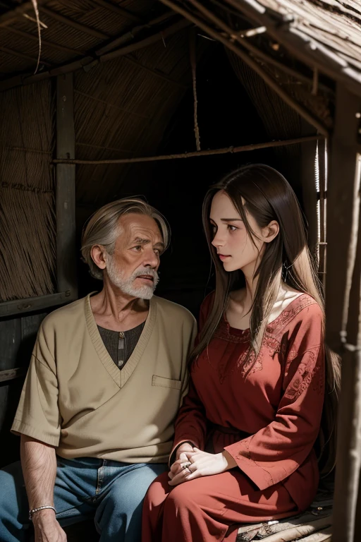 (The poor old man), huddled together with his wife, in a dimly lit room, their faces illuminated by the soft light of a lamp. The man's ragged face was etched with lines of worry, his clothes were tattered and tattered. (in an atmosphere of poverty) His wife, with kind, white skin, blue eyes and a smile (((long straight brown hair))), perfect big breasts (pookies) and (((Red split colth))), reached out to comfort him, her hands revealing the intricate details of her worn, yet beautiful skin. They sit in silence, their bond unbroken by their (((in a dilapidated hut))) distress, their love evident in their expressions. The scene is a masterpiece of raw humanity, shot in the highest quality, with full attention to detail, a depiction of their life journey. Depth of field highlights the couple,