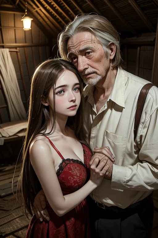 ((Male and female images))、((Toddler images) ((Flat and small breasts))1 female、One 60-year-old grandfather、(European:1.2)、(Brunette)、(So young and beautiful)、(Beautiful Face:1.5)、13-year-old girl、(With grandfather:1.8)、(Sit on the bed and spread your legs:1.2)、(Completely nakedで陰部を開いて見せる:1.2)、Show from the front。Completely naked At the hotel、(At S.F.W.:1.6)