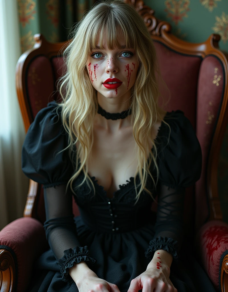 a portrait photo of vampire blonde woman (covered in blood:1.1), victorian dress, (dark cave:1.2), 4k, high detailed, intricate, accurate <lora:avril:1>