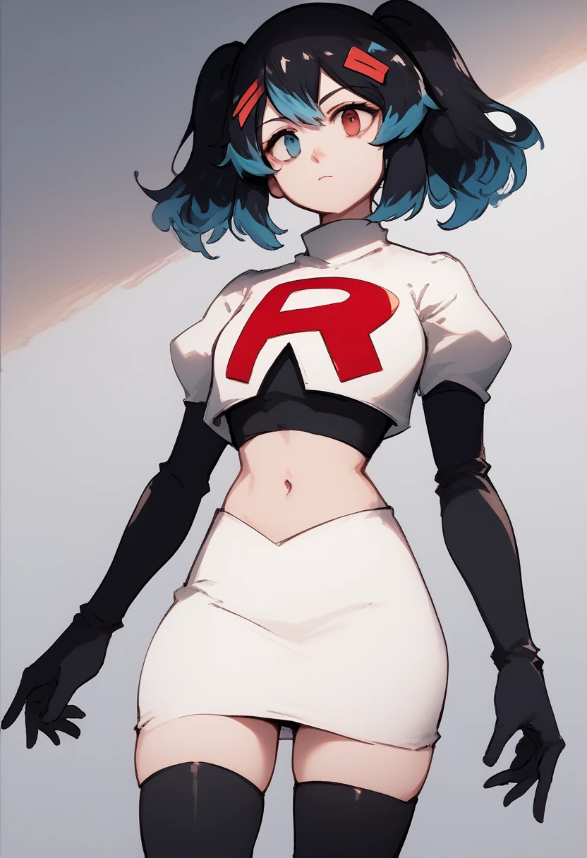 score_9, score_8_up, score_7_up, source_anime, 1girl, Switchchan, heterochromia, team rocket,team rocket uniform,white skirt,red letter R,crop top,black thigh-highs,black elbow gloves, cowboy shot