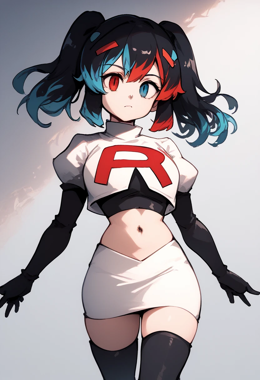 score_9, score_8_up, score_7_up, source_anime, 1girl, Switchchan, heterochromia, team rocket,team rocket uniform,white skirt,red letter R,crop top,black thigh-highs,black elbow gloves, cowboy shot