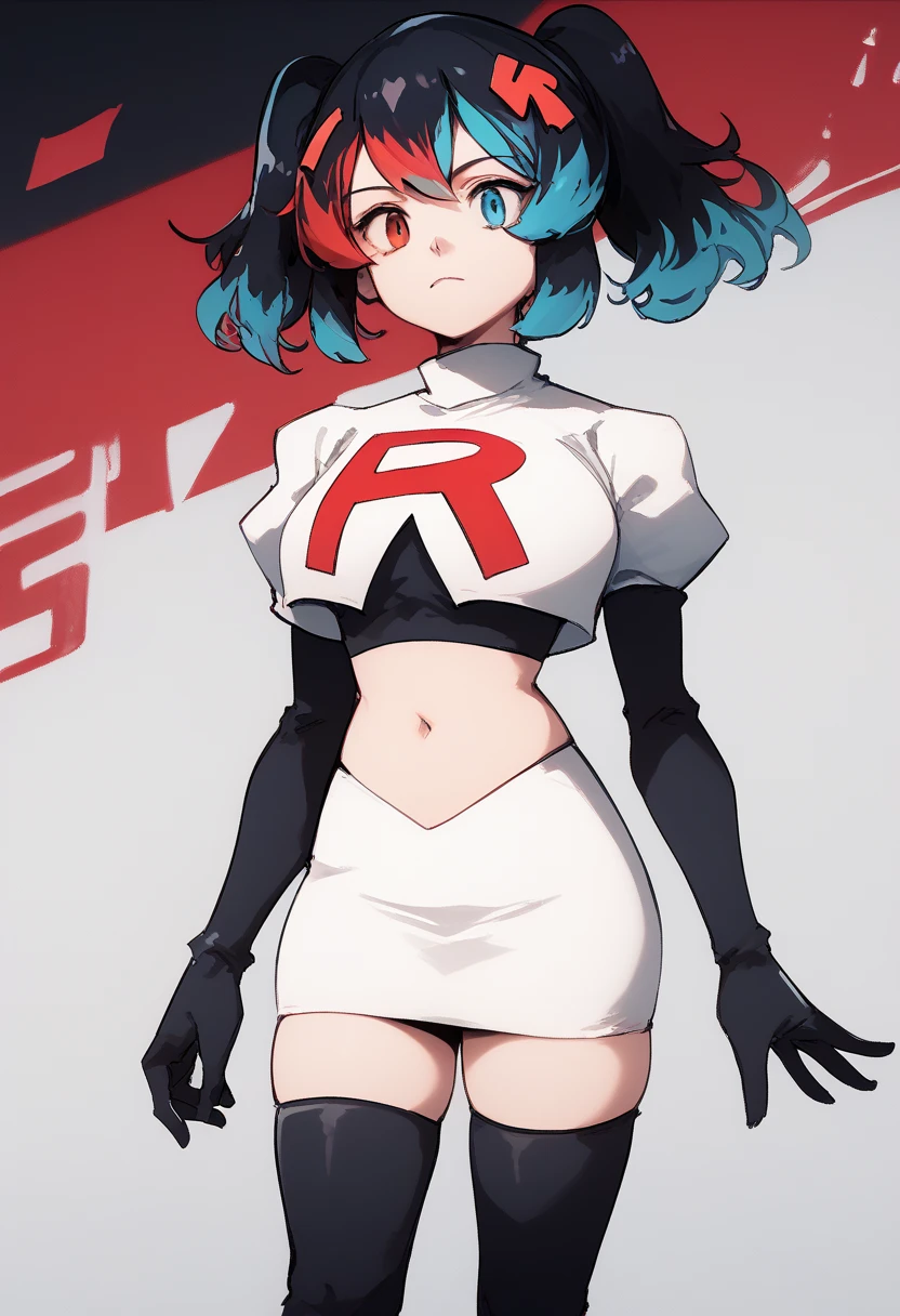 score_9, score_8_up, score_7_up, source_anime, 1girl, Switchchan, heterochromia, team rocket,team rocket uniform,white skirt,red letter R,crop top,black thigh-highs,black elbow gloves, cowboy shot