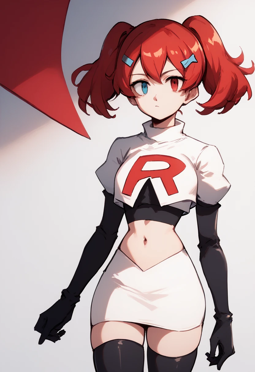 score_9, score_8_up, score_7_up, source_anime, 1girl, Switchchan, heterochromia, team rocket,team rocket uniform,white skirt,red letter R,crop top,black thigh-highs,black elbow gloves, cowboy shot