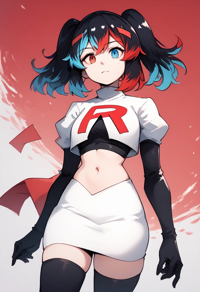 score_9, score_8_up, score_7_up, source_anime, 1girl, Switchchan, heterochromia, team rocket,team rocket uniform,white skirt,red letter R,crop top,black thigh-highs,black elbow gloves, cowboy shot