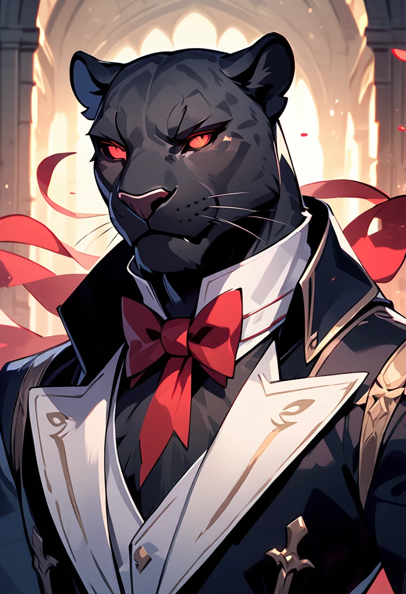 handsome anthropomorphic black panther with red glowing eyes wearing a black suit with a bowtie, elegant, medieval fantasy vibes, light novel art, black pelt, detailed furry art, cool, sexy, masculine, black colored butler suit, evil smirk, arrogant, evil, demonic servant, superiority complex, evil smile, half-lidded gaze, lean and toned, portrait, sexy masculinity, young male panther. villain, detailed anime style