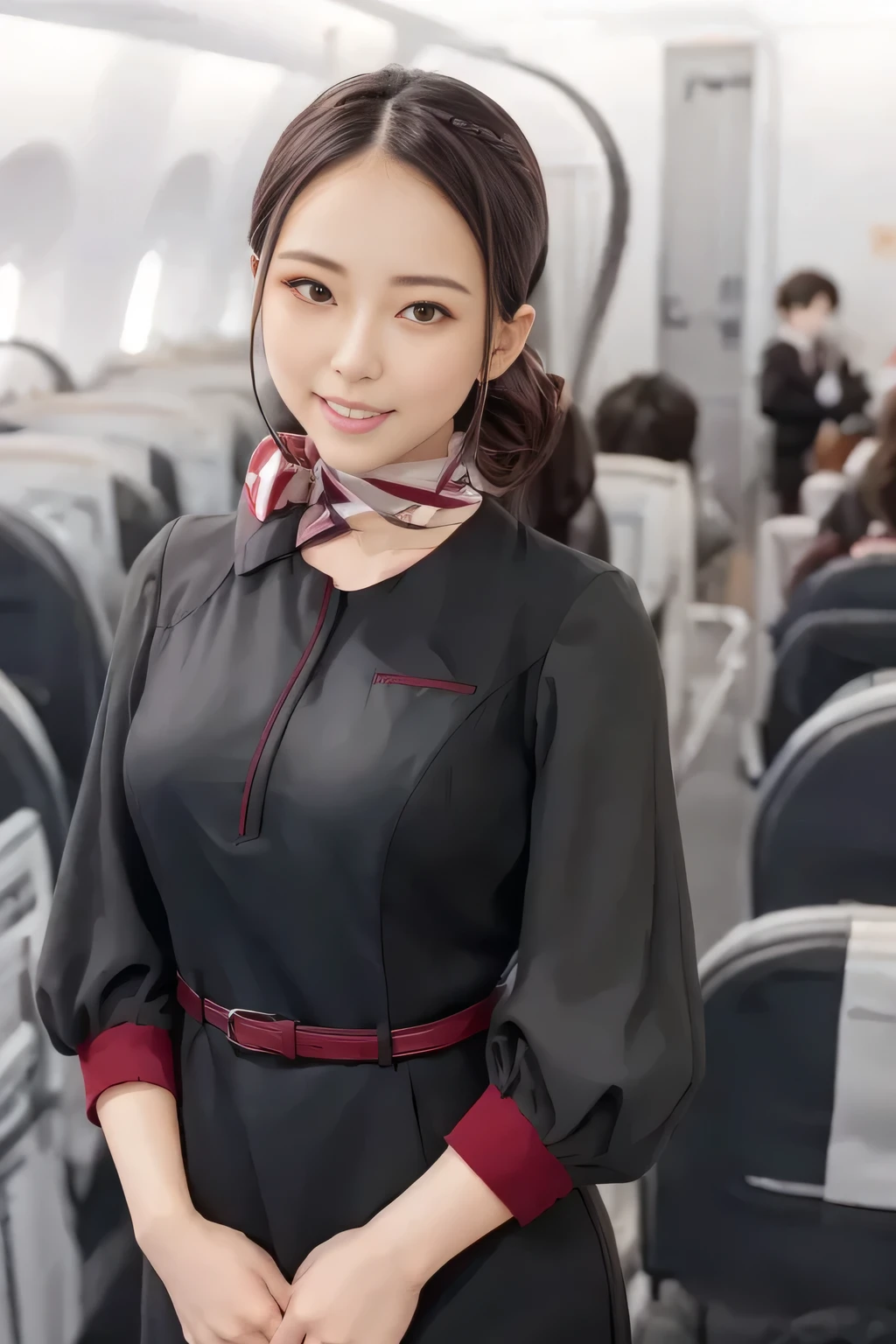 (masterpiece:1.2,  top quality :1.2), 32kHDR,  high definition  , (Alone、  1 girl)、（ on board）、In-flight background、（  wearing a JAL flightattendant uniform  ）、（（ short sleeve jumper skirt in a JAL flightattendant uniform {x} JAL flightattendant uniform 、Red belt wrapped around the waist  、 Scarf around the neck ））、  dark brown hair  、（  Super Long Hair Wrap Hair、Braid Wrap Up Hair ）、 、 long hit 、Big Breasts、Thin legs、（（ amazing hands：2.0）），（（ harmonious body proportions ：1.5）），（（Normal limbs：2.0）），（（Usually ：2.0）），（（ Delicate eyes：2.0）），（（Normal eyes：2.0））)、smile、（ beautiful standing figure wearing a JAL flightattendant uniform  ）、Hands folded under the body 
