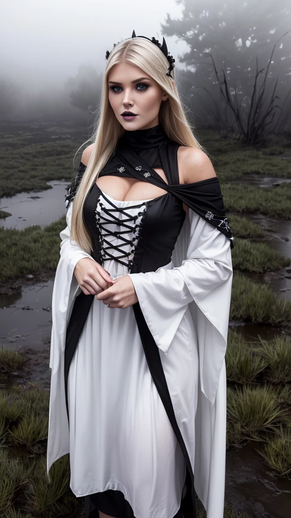 ((best quality)), realistic, Optical realism, realistic, high resolution, beautiful, young face, 19 years old, white skin, Pale skin, big breast, Show your head.,naked,Fighting posture, looking at camera, (detailed face), Curtain hair, blonde hair, (Wearing the lower mage outfit..,Wizard set), (The color of the fabric depends on black...), Open your legs wide..,Show your penis,A large amount of sticky white fluid comes out of the genitals.., full body, Take the whole thing.,
