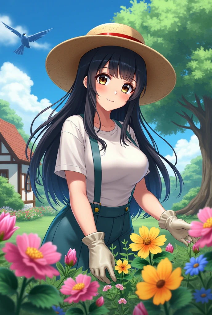  one girl, Clothes to take care of the garden,  Straw Hat , Wearing gloves,  long black hair ,  Big Breasts ,  Beautiful, well-groomed face,   beautiful brown eyes, Look at me and smile, Old-fashioned garden ,  colorful flowers blooming,  brightly colored , Large Tree,  blue sky, blue bird , Anime Cartoon Art ,  high image quality, masterpiece, 