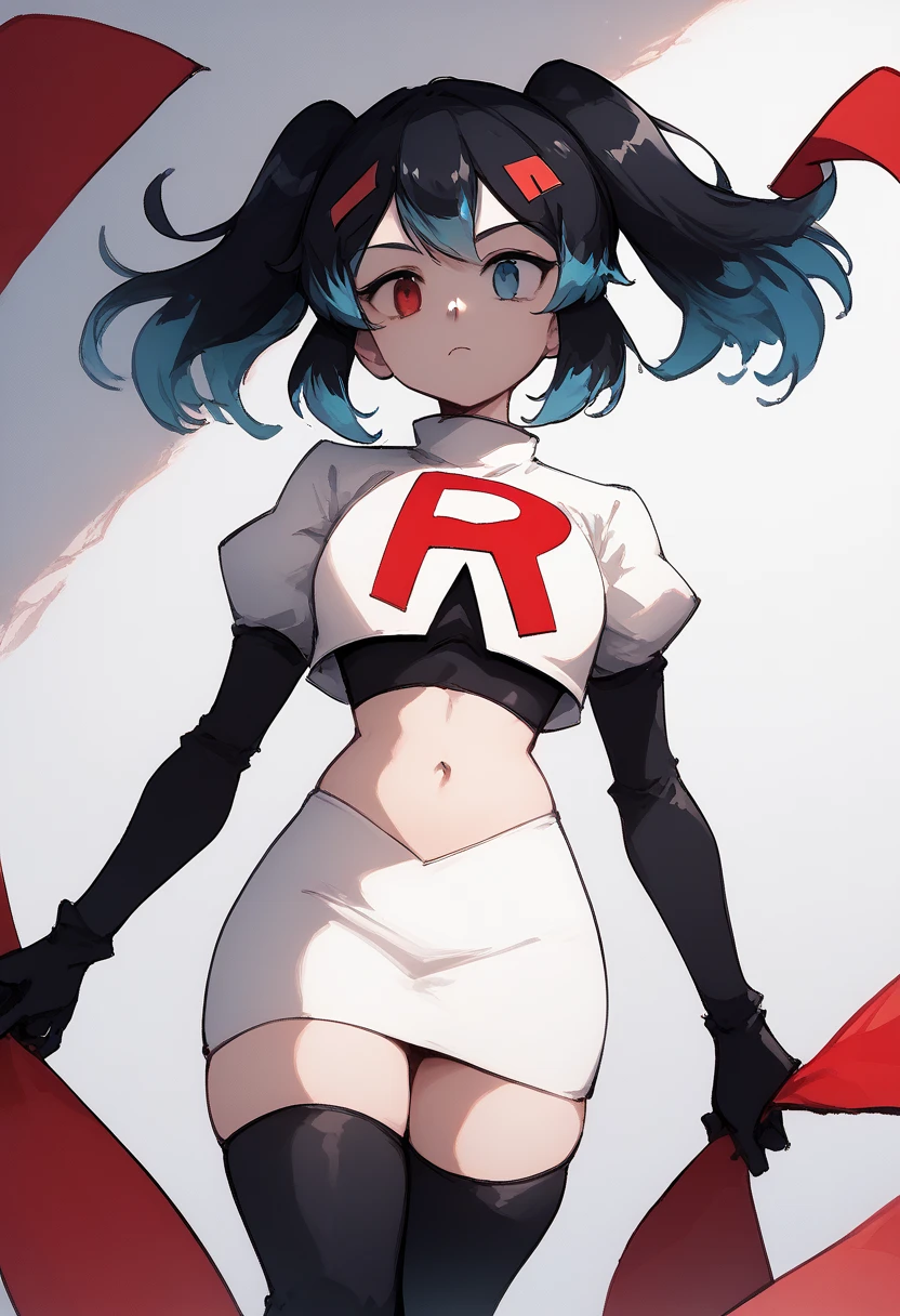 score_9, score_8_up, score_7_up, source_anime, 1girl, Switchchan, heterochromia, team rocket,team rocket uniform,white skirt,red letter R,crop top,black thigh-highs,black elbow gloves, cowboy shot