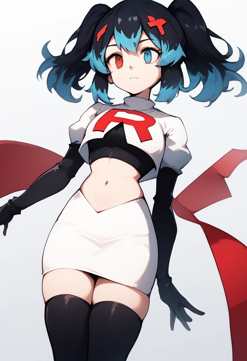 score_9, score_8_up, score_7_up, source_anime, 1girl, Switchchan, heterochromia, team rocket,team rocket uniform,white skirt,red letter R,crop top,black thigh-highs,black elbow gloves, cowboy shot