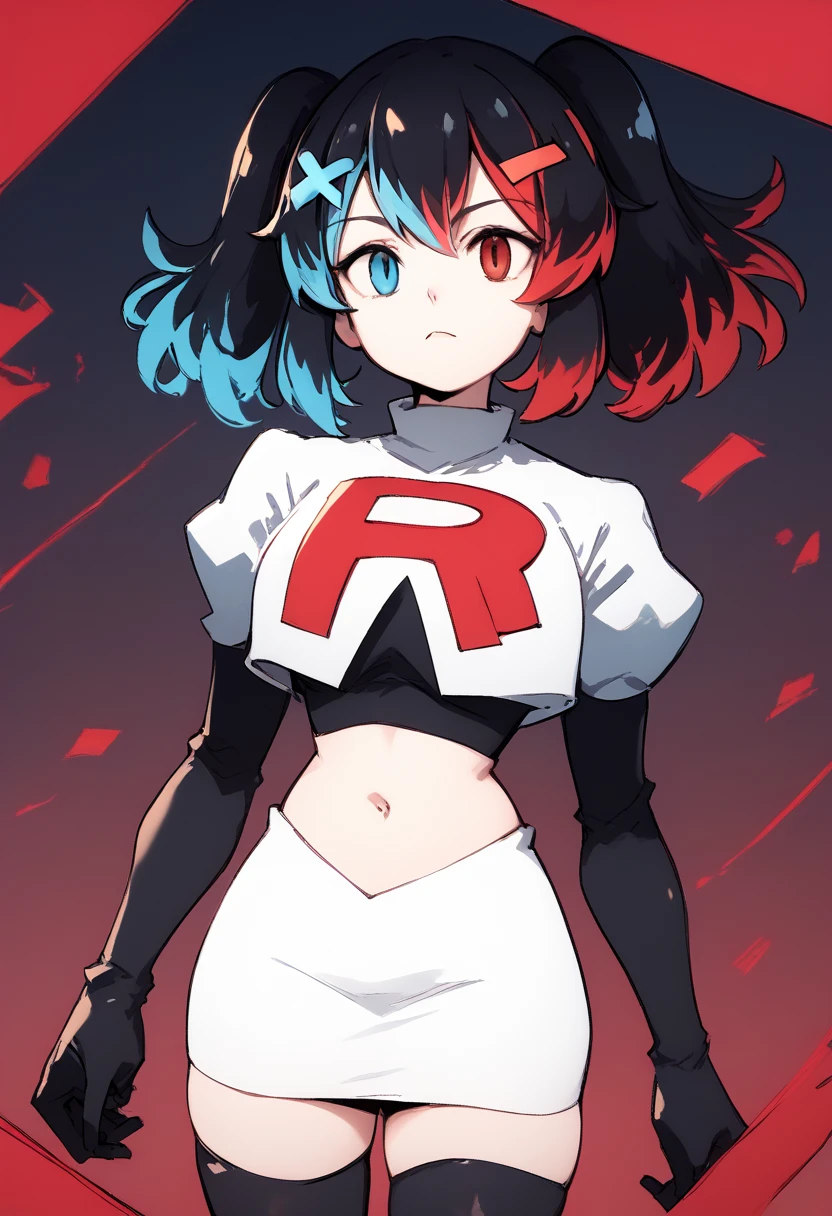 score_9, score_8_up, score_7_up, source_anime, 1girl, Switchchan, heterochromia, team rocket,team rocket uniform,white skirt,red letter R,crop top,black thigh-highs,black elbow gloves, cowboy shot