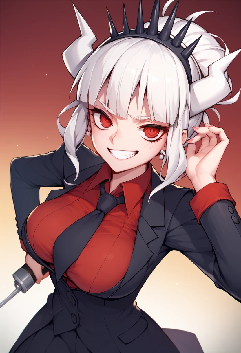  young woman  , tall woman, seria ,  red eyes white hair  (Lucifer Helltaker) controlled by you ,  mental reprogramming ,  she wears a red dress suit  ,  big boobs crouched in front of you with her tits leaning against you ,  she affectionately wants to please her master  , ( mental domination) 