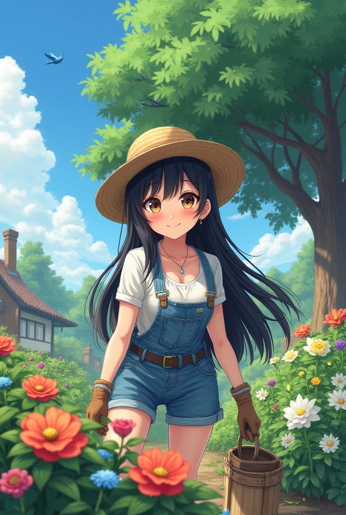  one girl, Clothes to take care of the garden,  Straw Hat , Wearing gloves,  long black hair ,  Big Breasts ,  Beautiful, well-groomed face,   beautiful brown eyes, Look at me and smile, Old-fashioned garden ,  colorful flowers blooming,  brightly colored , Large Tree,  blue sky, blue bird , Anime Cartoon Art ,  high image quality, masterpiece, 