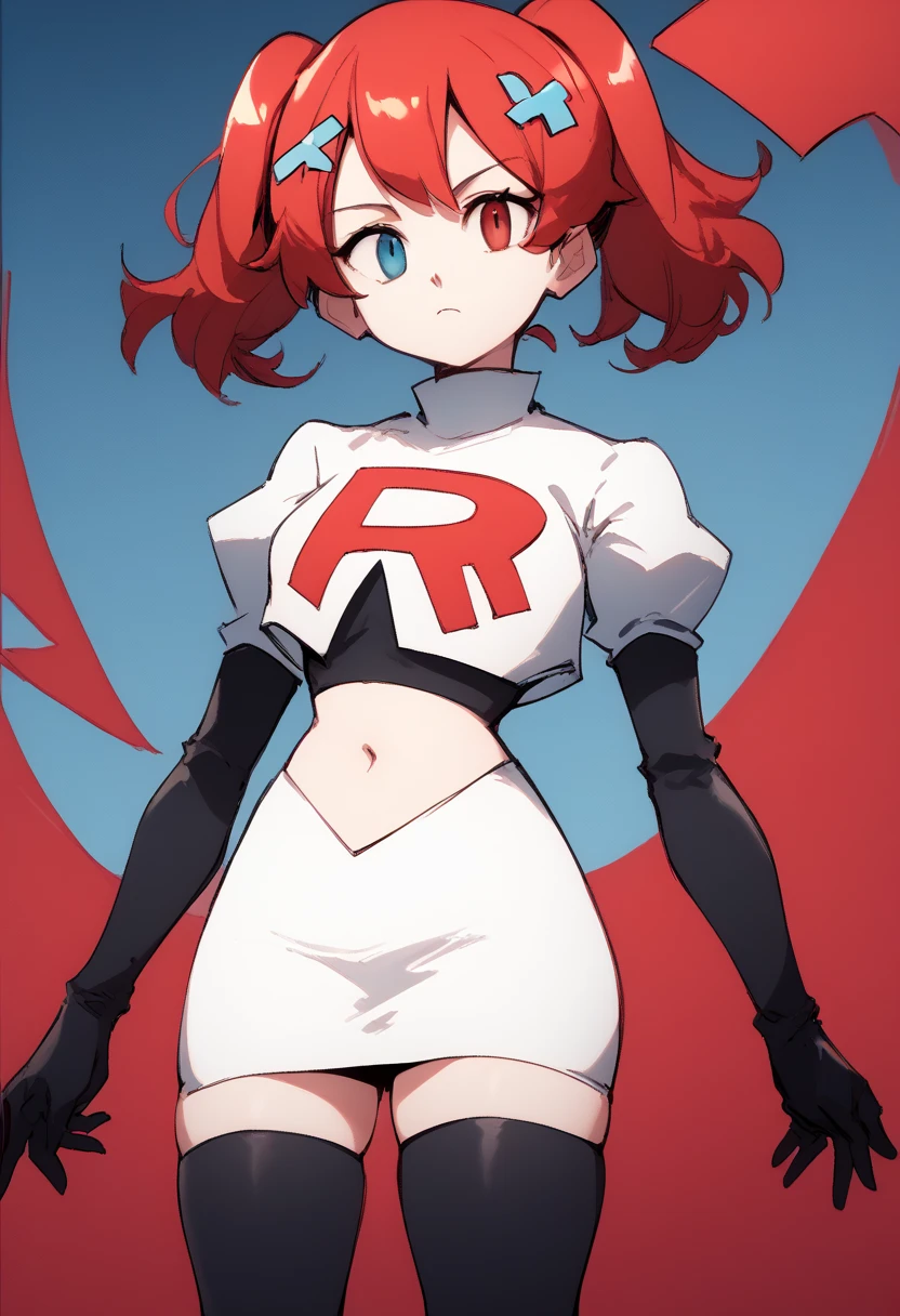 score_9, score_8_up, score_7_up, source_anime, 1girl, Switchchan, heterochromia, team rocket,team rocket uniform,white skirt,red letter R,crop top,black thigh-highs,black elbow gloves, cowboy shot