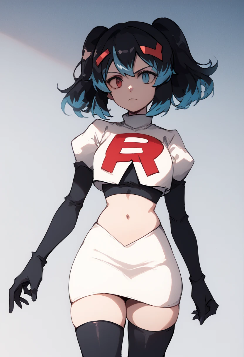 score_9, score_8_up, score_7_up, source_anime, 1girl, Switchchan, heterochromia, team rocket,team rocket uniform,white skirt,red letter R,crop top,black thigh-highs,black elbow gloves, cowboy shot