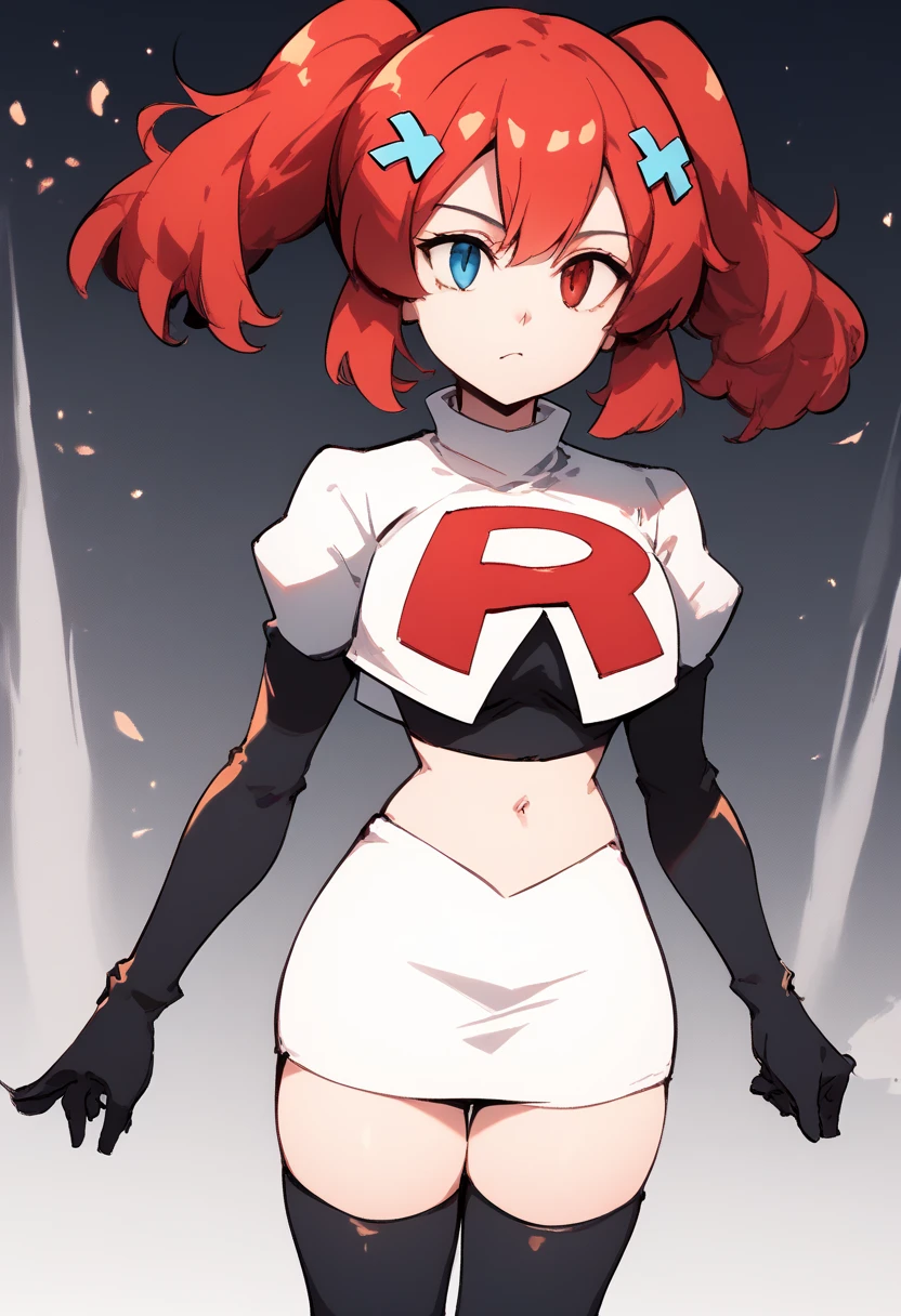 score_9, score_8_up, score_7_up, source_anime, 1girl, Switchchan, heterochromia, team rocket,team rocket uniform,white skirt,red letter R,crop top,black thigh-highs,black elbow gloves, cowboy shot