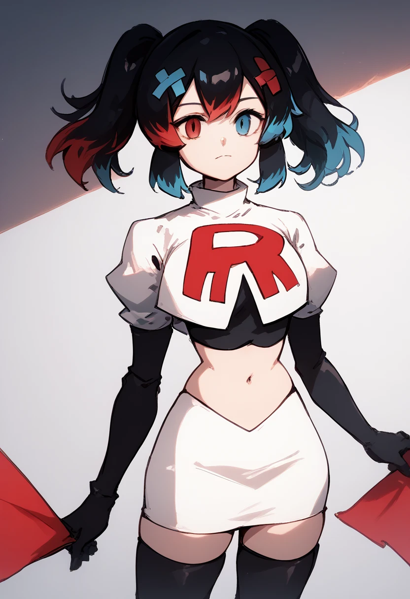 score_9, score_8_up, score_7_up, source_anime, 1girl, Switchchan, heterochromia, team rocket,team rocket uniform,white skirt,red letter R,crop top,black thigh-highs,black elbow gloves, cowboy shot