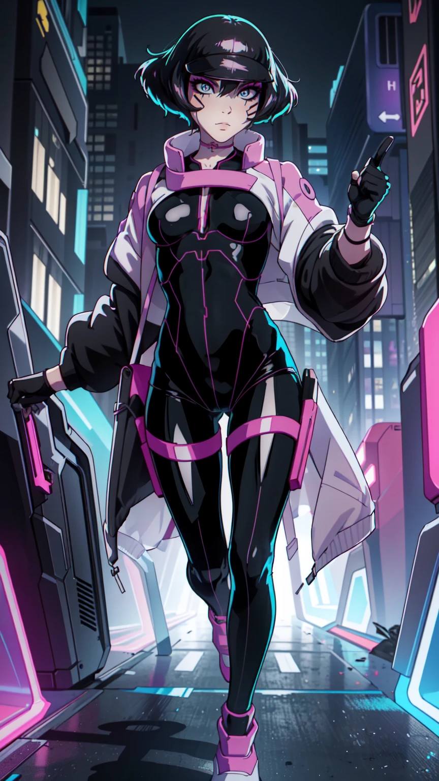 Create an illustration of Sasha from Cyberpunk: Edgerunners. She is a young netrunner with a slender and agile physique, reflecting her hacker lifestyle. Her hair is short, (black hair), messy, and brightly colored, often with neon highlights like electric blue or vibrant pink. Her (blue eyes) have a sharp, tech-enhanced glow, hinting at cybernetic implants. Sasha wears a sleek, tactical bodysuit designed for mobility and stealth, primarily in shades of black and dark gray, accented with neon lines that pulse softly with her netrunning activity. She also sports a high-tech visor or goggles over her eyes, loaded with digital HUD displays. Her gloves are fingerless, exposing cybernetic fingertips perfect for interfacing with technology. Completing her look are combat boots and a utility belt filled with small hacking tools and gadgets. The overall vibe is a mix of futuristic hacker aesthetic and street-smart edge, blending style and functionality. walking on the floor, with pink shoes, dinamic poses