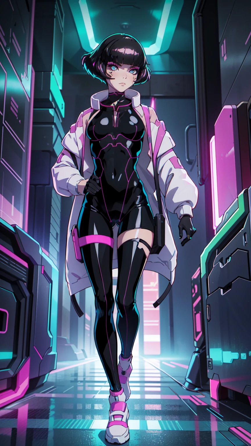 Create an illustration of Sasha from Cyberpunk: Edgerunners. She is a young netrunner with a slender and agile physique, reflecting her hacker lifestyle. Her hair is short, (black hair), messy, and brightly colored, often with neon highlights like electric blue or vibrant pink. Her (blue eyes) have a sharp, tech-enhanced glow, hinting at cybernetic implants. Sasha wears a sleek, tactical bodysuit designed for mobility and stealth, primarily in shades of black and dark gray, accented with neon lines that pulse softly with her netrunning activity. She also sports a high-tech visor or goggles over her eyes, loaded with digital HUD displays. Her gloves are fingerless, exposing cybernetic fingertips perfect for interfacing with technology. Completing her look are combat boots and a utility belt filled with small hacking tools and gadgets. The overall vibe is a mix of futuristic hacker aesthetic and street-smart edge, blending style and functionality. walking on the floor, with pink shoes, dinamic poses