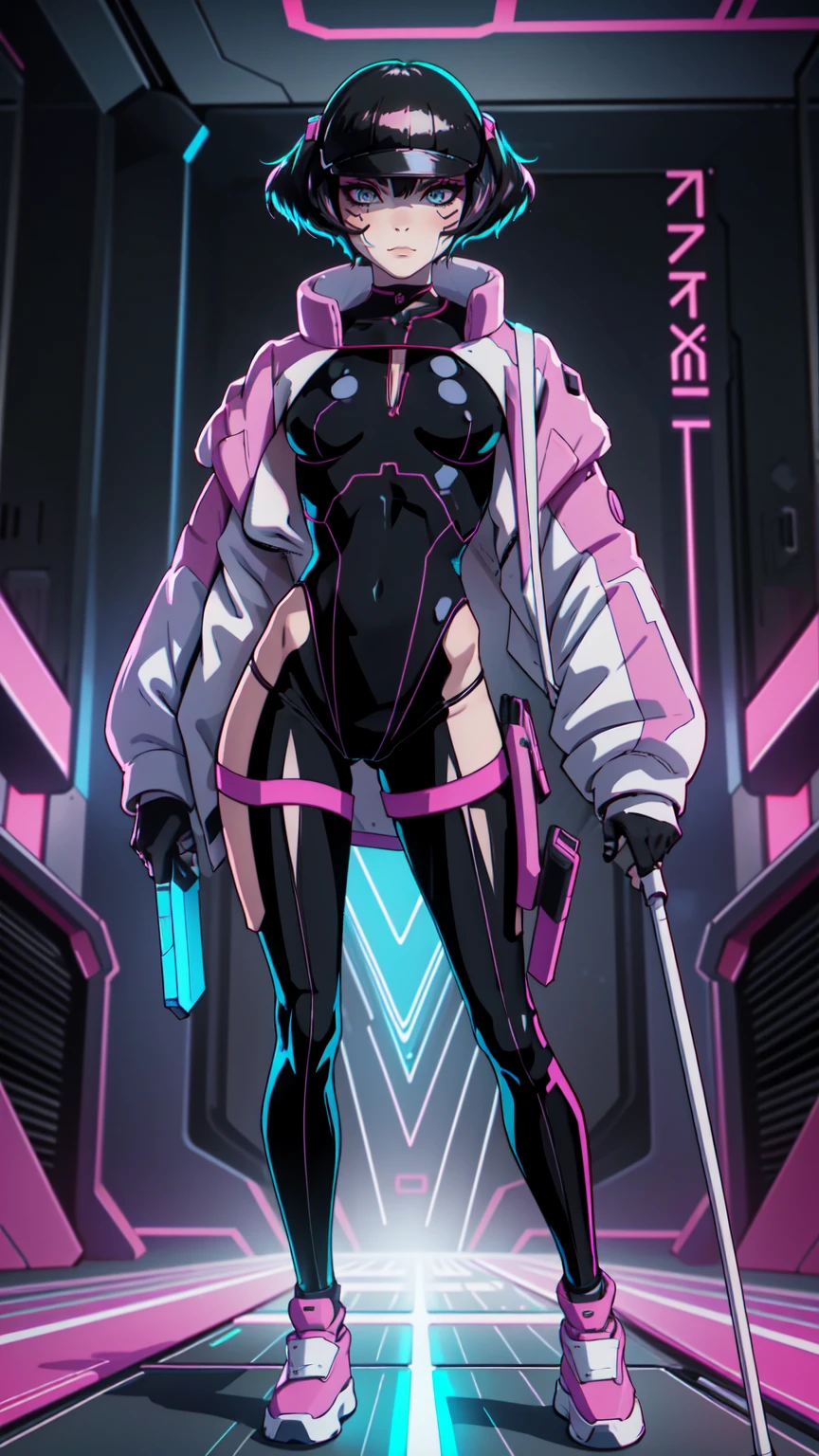 Create an illustration of Sasha from Cyberpunk: Edgerunners. She is a young netrunner with a slender and agile physique, reflecting her hacker lifestyle. Her hair is short, (black hair), messy, and brightly colored, often with neon highlights like electric blue or vibrant pink. Her (blue eyes) have a sharp, tech-enhanced glow, hinting at cybernetic implants. Sasha wears a sleek, tactical bodysuit designed for mobility and stealth, primarily in shades of black and dark gray, accented with neon lines that pulse softly with her netrunning activity. She also sports a high-tech visor or goggles over her eyes, loaded with digital HUD displays. Her gloves are fingerless, exposing cybernetic fingertips perfect for interfacing with technology. Completing her look are combat boots and a utility belt filled with small hacking tools and gadgets. The overall vibe is a mix of futuristic hacker aesthetic and street-smart edge, blending style and functionality. walking on the floor, with pink shoes, dinamic poses