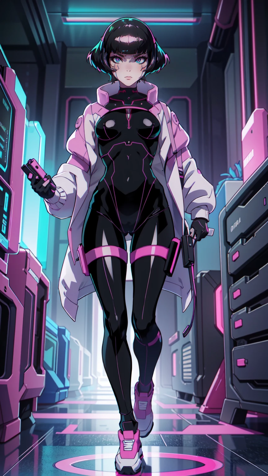 Create an illustration of Sasha from Cyberpunk: Edgerunners. She is a young netrunner with a slender and agile physique, reflecting her hacker lifestyle. Her hair is short, (black hair), messy, and brightly colored, often with neon highlights like electric blue or vibrant pink. Her (blue eyes) have a sharp, tech-enhanced glow, hinting at cybernetic implants. Sasha wears a sleek, tactical bodysuit designed for mobility and stealth, primarily in shades of black and dark gray, accented with neon lines that pulse softly with her netrunning activity. She also sports a high-tech visor or goggles over her eyes, loaded with digital HUD displays. Her gloves are fingerless, exposing cybernetic fingertips perfect for interfacing with technology. Completing her look are combat boots and a utility belt filled with small hacking tools and gadgets. The overall vibe is a mix of futuristic hacker aesthetic and street-smart edge, blending style and functionality. walking on the floor, with pink shoes, dinamic poses