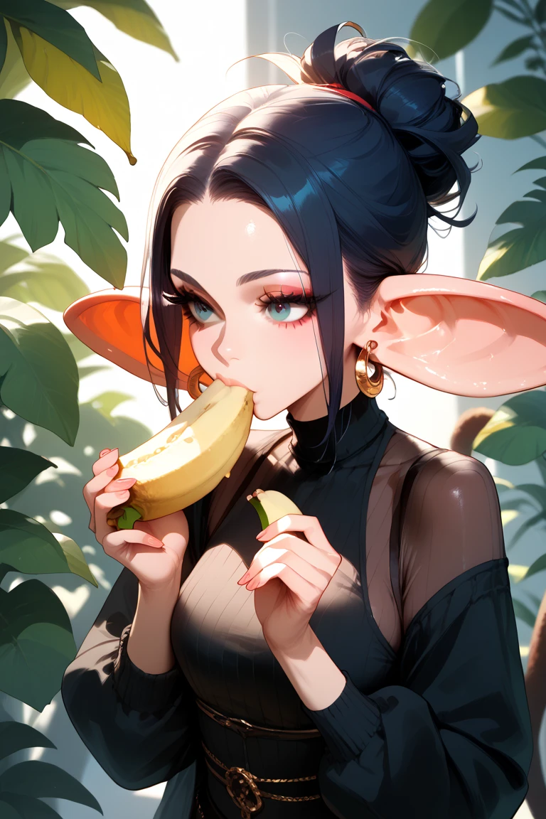 The tail of a monkey,The monkey's body,woman, eating bananas,Big Ears